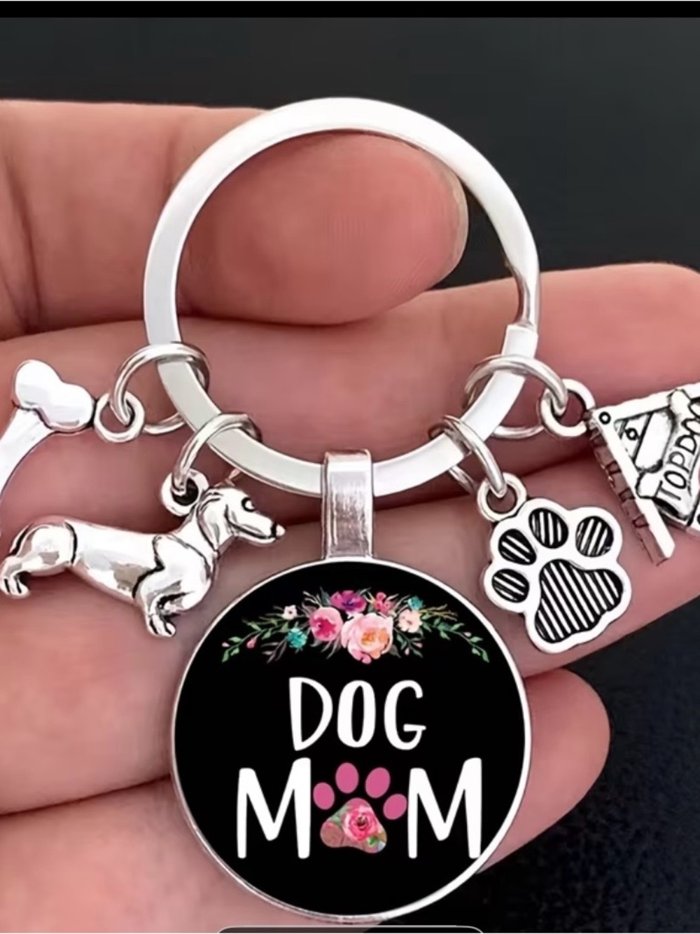 Dog Mom Floral Paw Keychain - Black & Pink